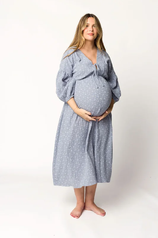 Hunter 100% Cotton Gauze Midi Dress in Indigo - Bump Friendly