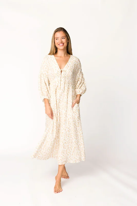 Hunter 100% Cotton Gauze Midi Dress in Natural/Fawn Floral - Bump Friendly