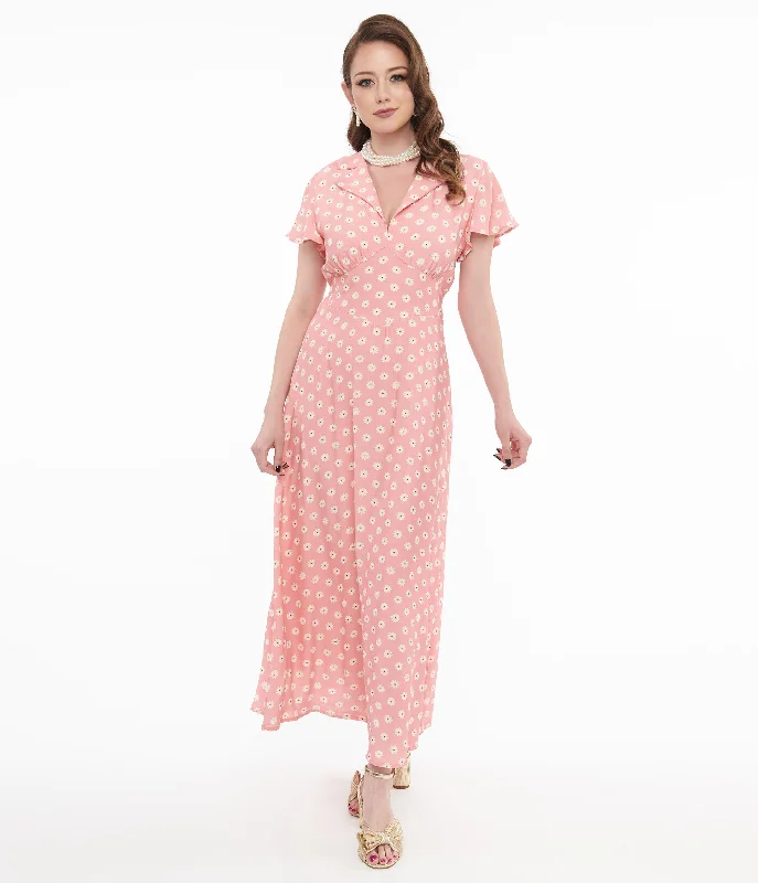 1930s Pink Daisy Salome Midi Dress