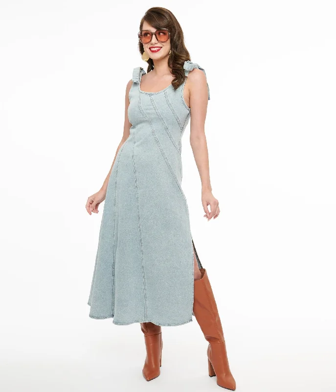 1970s Light Blue Denim Midi Dress