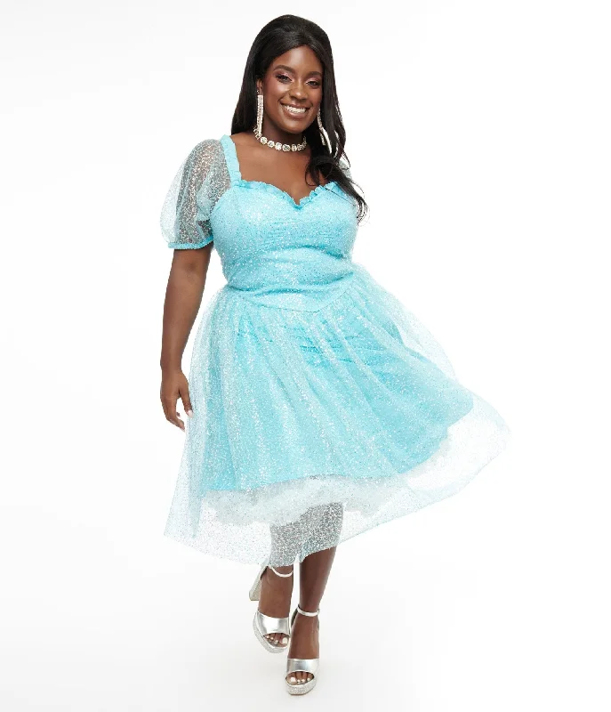 Disney Princess collection by Unique Vintage Plus Size Blue Sequin Mesh Short Sleeve Cinderella Dress