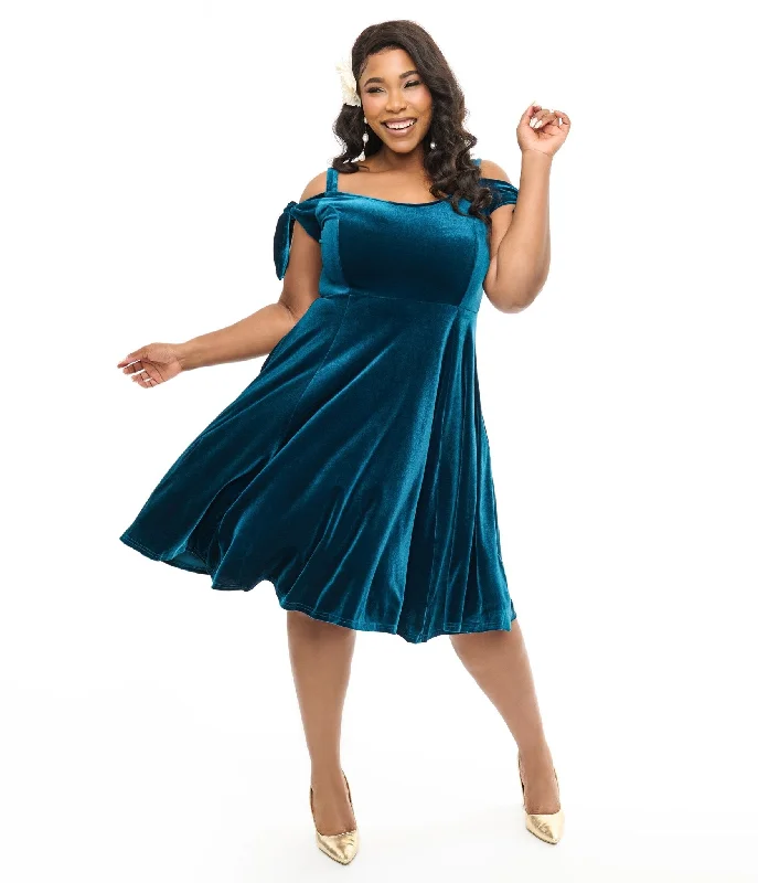 Hell Bunny Plus Size Teal Velvet Off The Shoulder Midi Dress