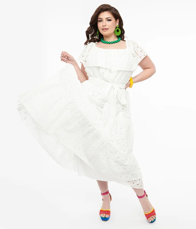 1970s White Eyelet Cotton Off The Shoulder Midi Dress