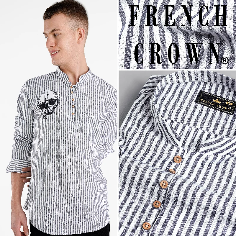 Bright White and Shuttle Gray Striped with Skull Embroidered Patchwork Premium Cotton Designer Kurta Shirt