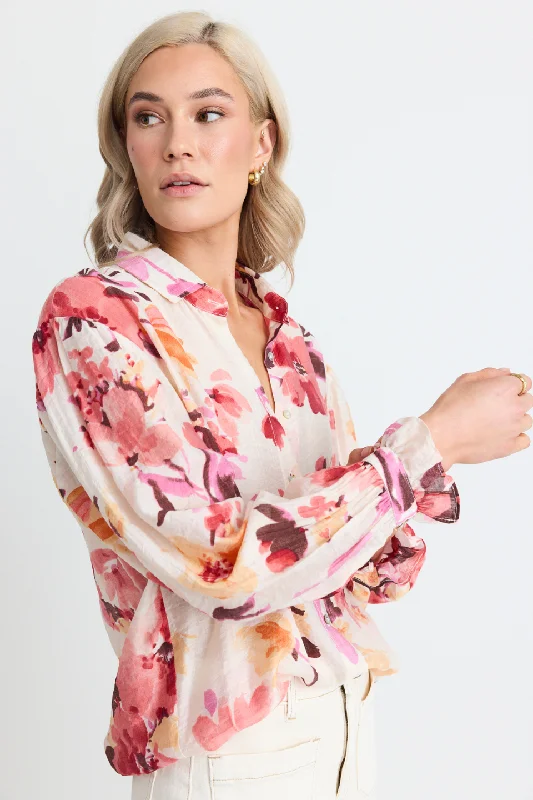 Connection Vintage Blush Floral Button Front Long Sleeve Blouse